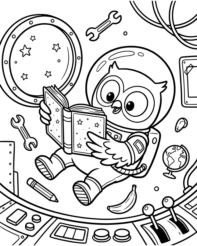 A cartoon owl astronaut in a space suit reading a book inside a spaceship cockpit with floating tools, a banana, and planets in the window.