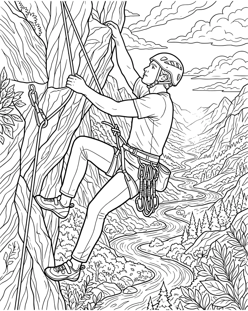 A cartoon rock climber wearing a helmet and harness scales a rocky cliff overlooking a river valley with mountains and clouds.