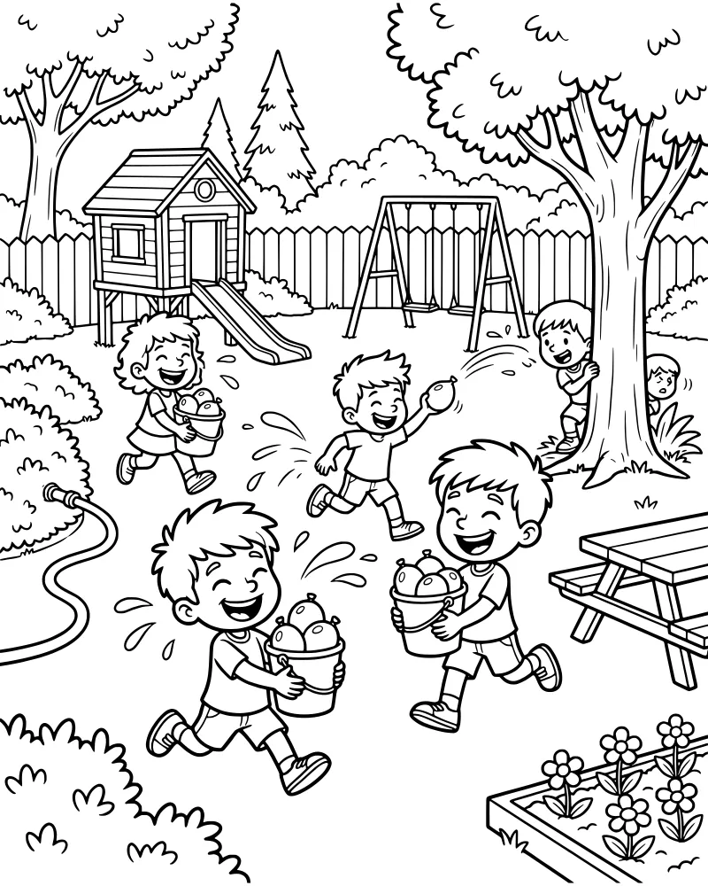 Cartoon scene of children throwing water balloons in a backyard with a playhouse, slide, and swing set.