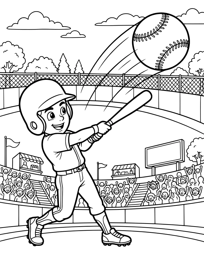 A cartoon baseball player in mid-swing hitting a ball in a stadium with cheering fans and a scoreboard in the background.