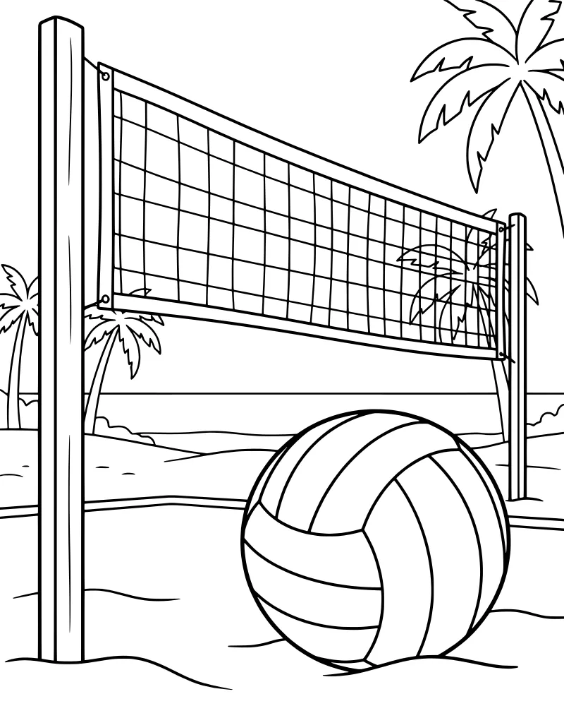 A cartoon beach volleyball scene with a net, a ball in the sand, two palm trees, and the ocean in the background.