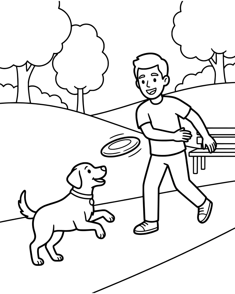 A cartoon boy throws a frisbee to his jumping dog in a park with trees, a bench, and a winding path.