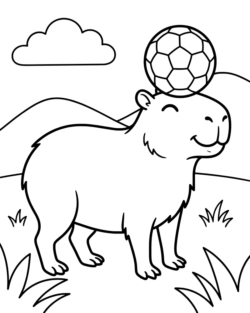 A cartoon capybara balancing a soccer ball on its head in a field with hills and a cloud.