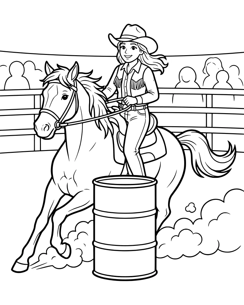 A cartoon cowgirl wearing a hat and fringed shirt riding a horse around a barrel in a rodeo arena with spectators.