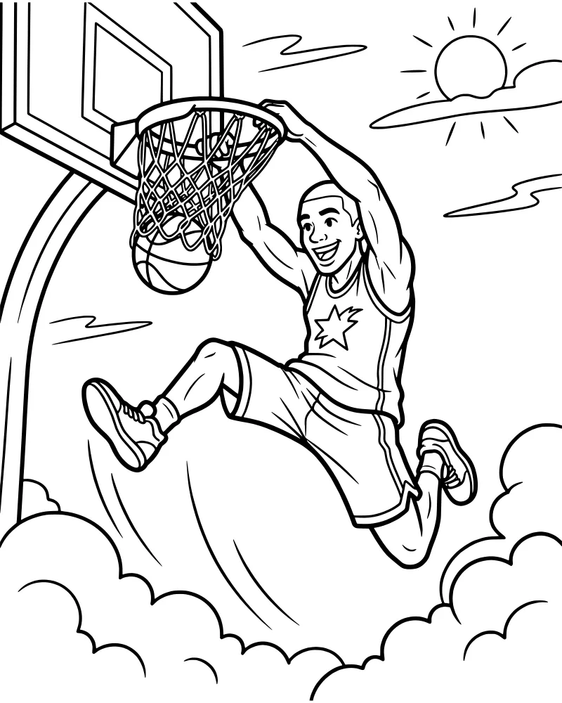 A cartoon basketball player jumps high in the air to perform a slam dunk into a hoop under a sunny sky.