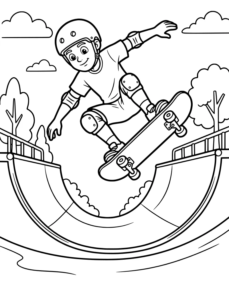 A cartoon boy wearing a helmet and pads performing a jump trick on a skateboard over a half-pipe ramp with trees and clouds in the background.