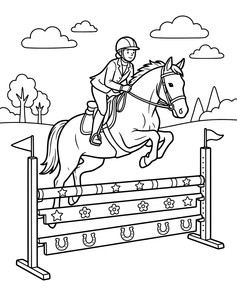 Cartoon horse and rider jumping over a decorated fence with hills, trees, and stars in the background.