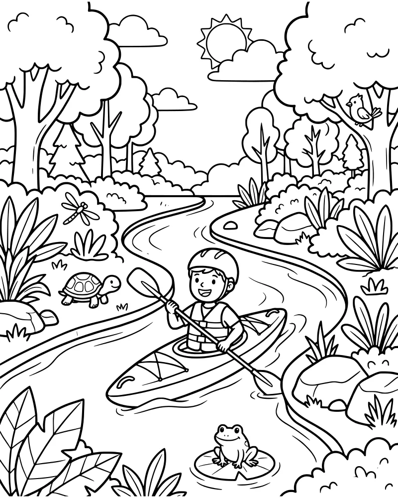 A cartoon boy wearing a helmet and life vest paddles a kayak down a winding river past a turtle, frog, and dragonfly under a sunny sky.