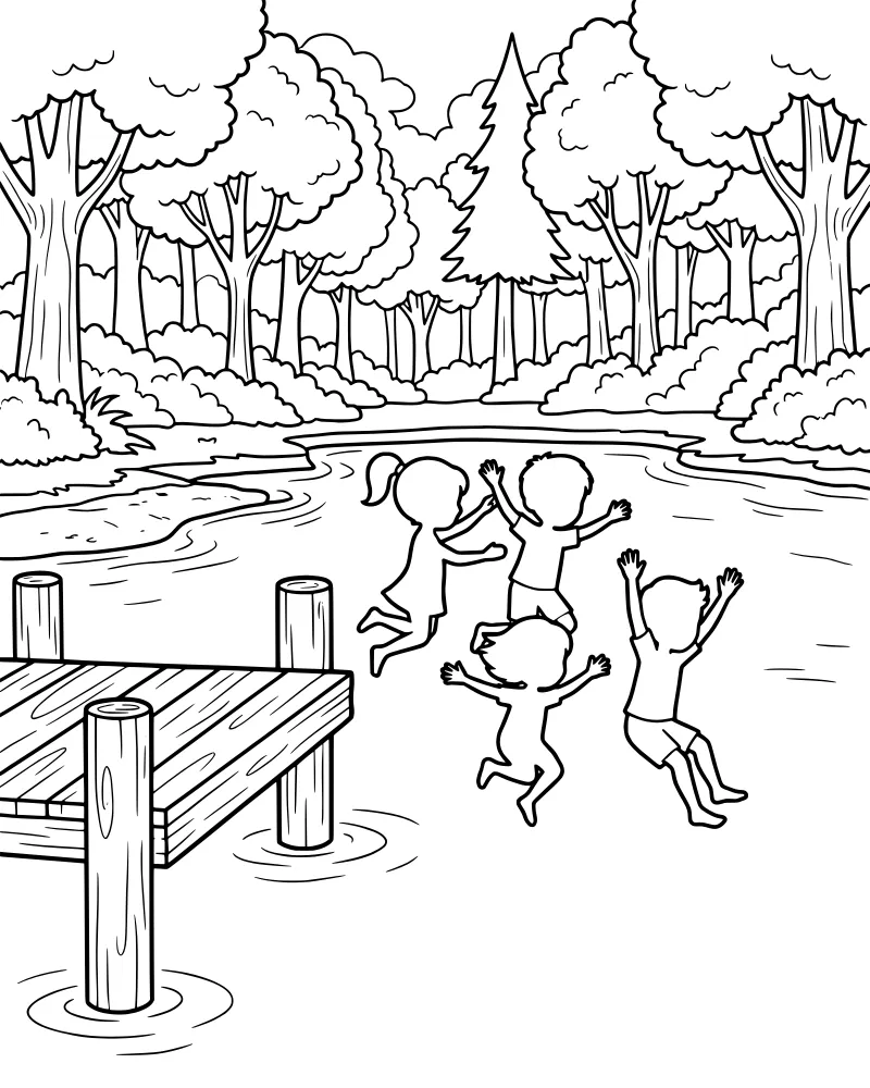 Three children jumping from a wooden dock into a lake surrounded by a lush forest and bushes.