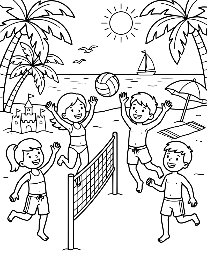 A cartoon scene of four children playing volleyball on a beach with a sandcastle, palm trees, a sailboat, and a bright sun.