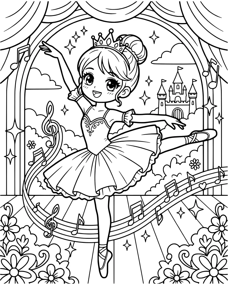 A cartoon ballerina wearing a crown and tutu dancing on a stage with a castle, music notes, and stars in the background.