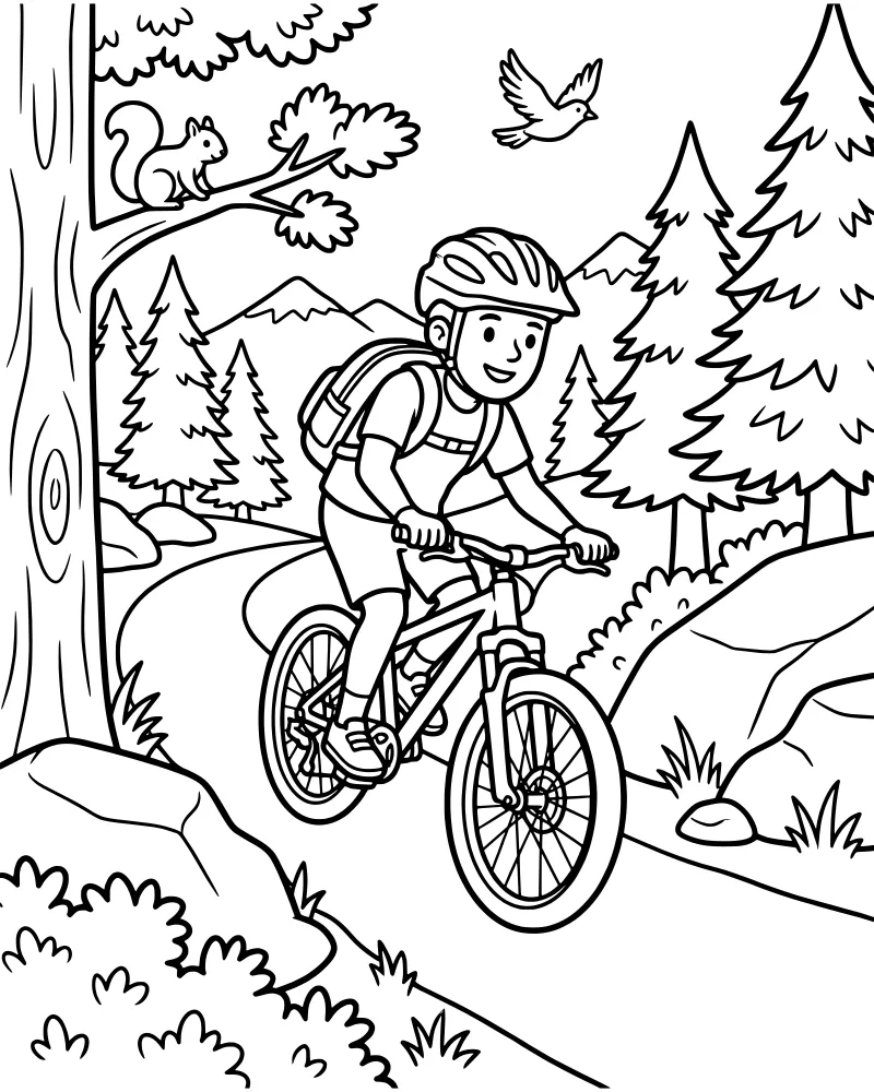 A cartoon mountain biker riding a bicycle on a winding forest trail with mountains, a squirrel on a tree, and a bird in the sky.