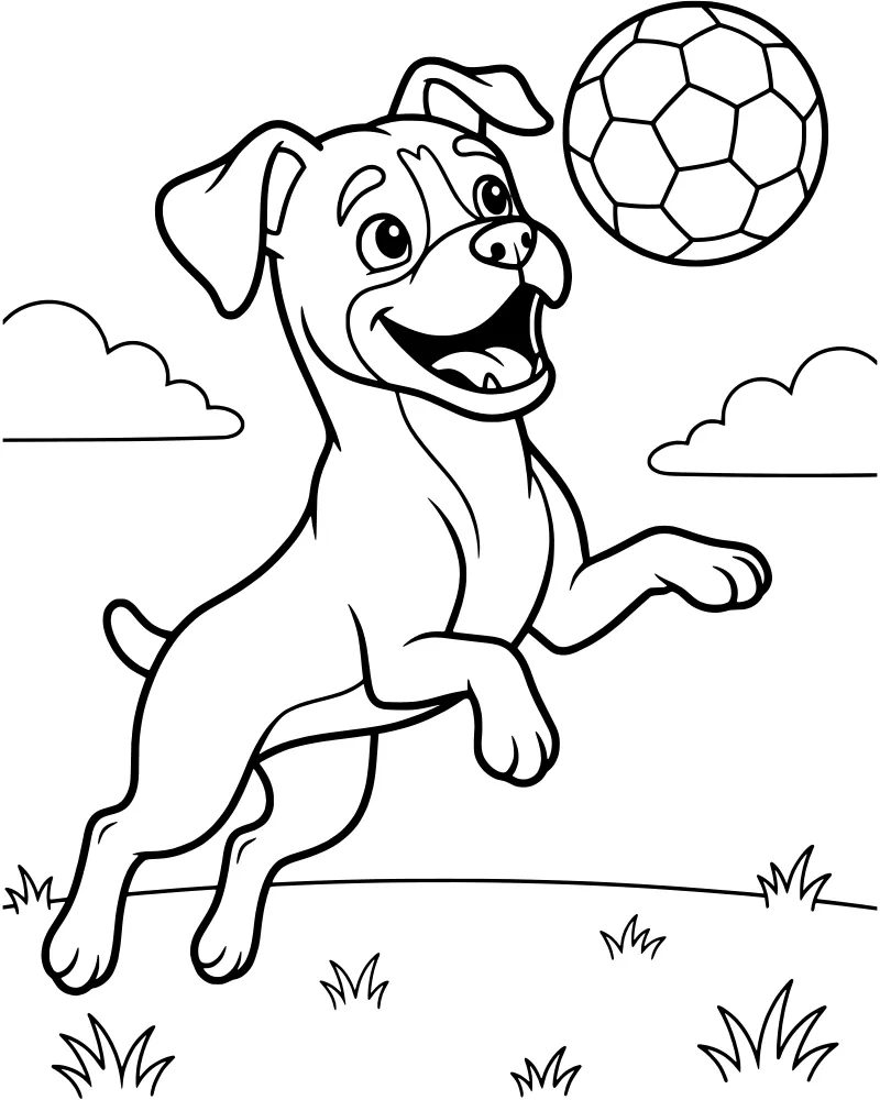 A cartoon dog jumps high in the air to catch a soccer ball over a grassy field with clouds in the background.