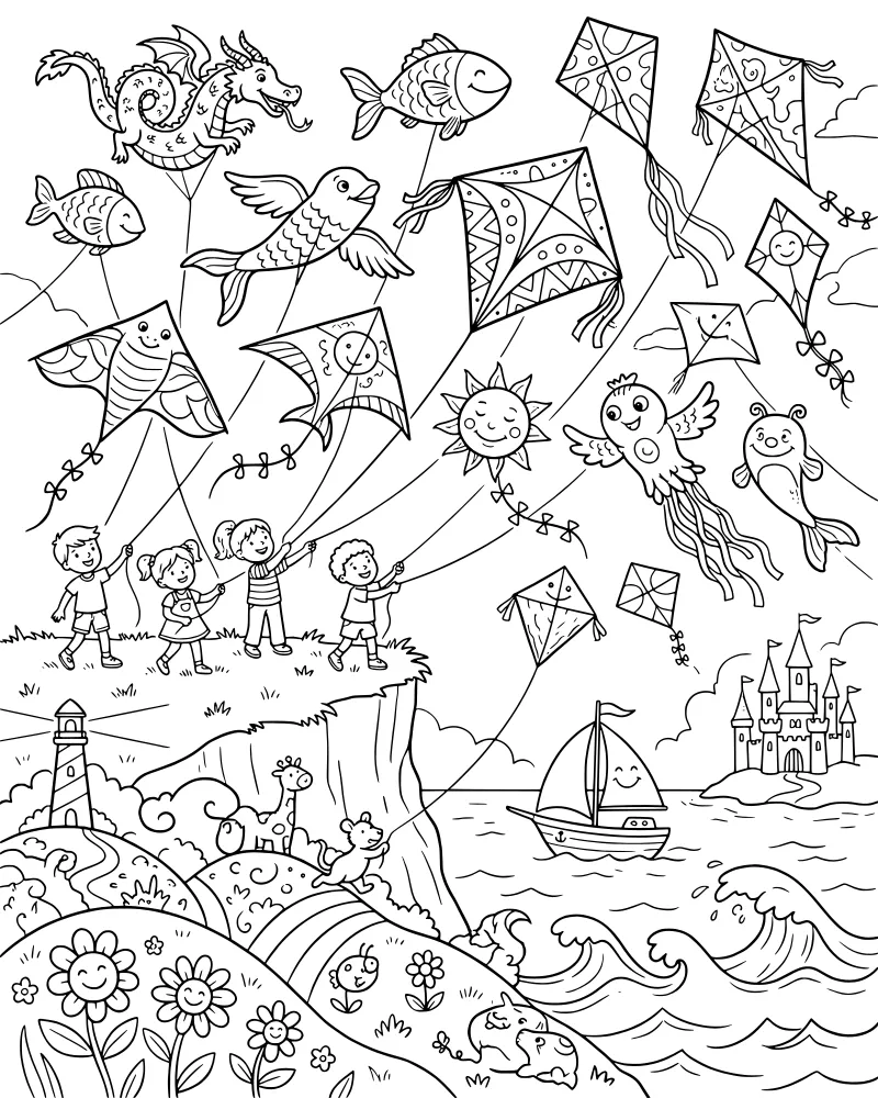Four children flying various kites including a dragon and jellyfish on a cliff by the ocean with a lighthouse and castle in the background.