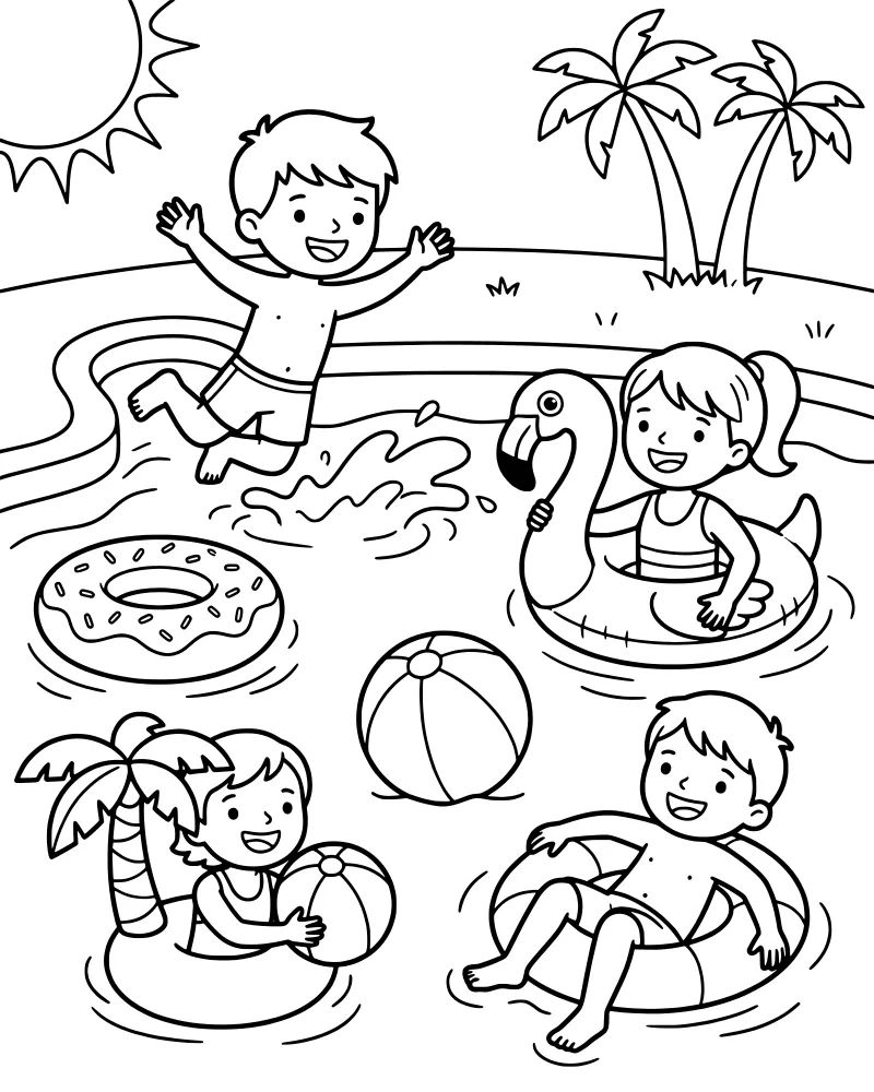 Cartoon kids playing in a swimming pool with a flamingo float, donut tube, and a boy jumping into the water under a bright sun.