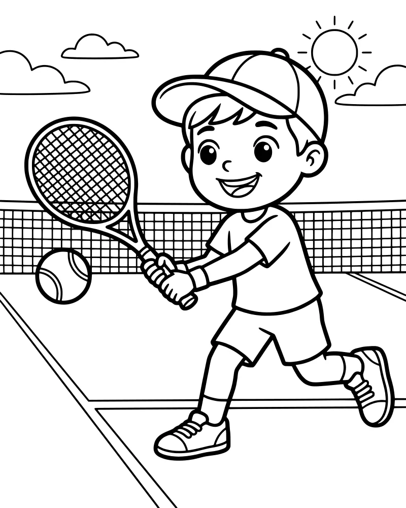 A cartoon boy wearing a cap and sneakers swings a tennis racket at a ball on a court under a smiling sun.