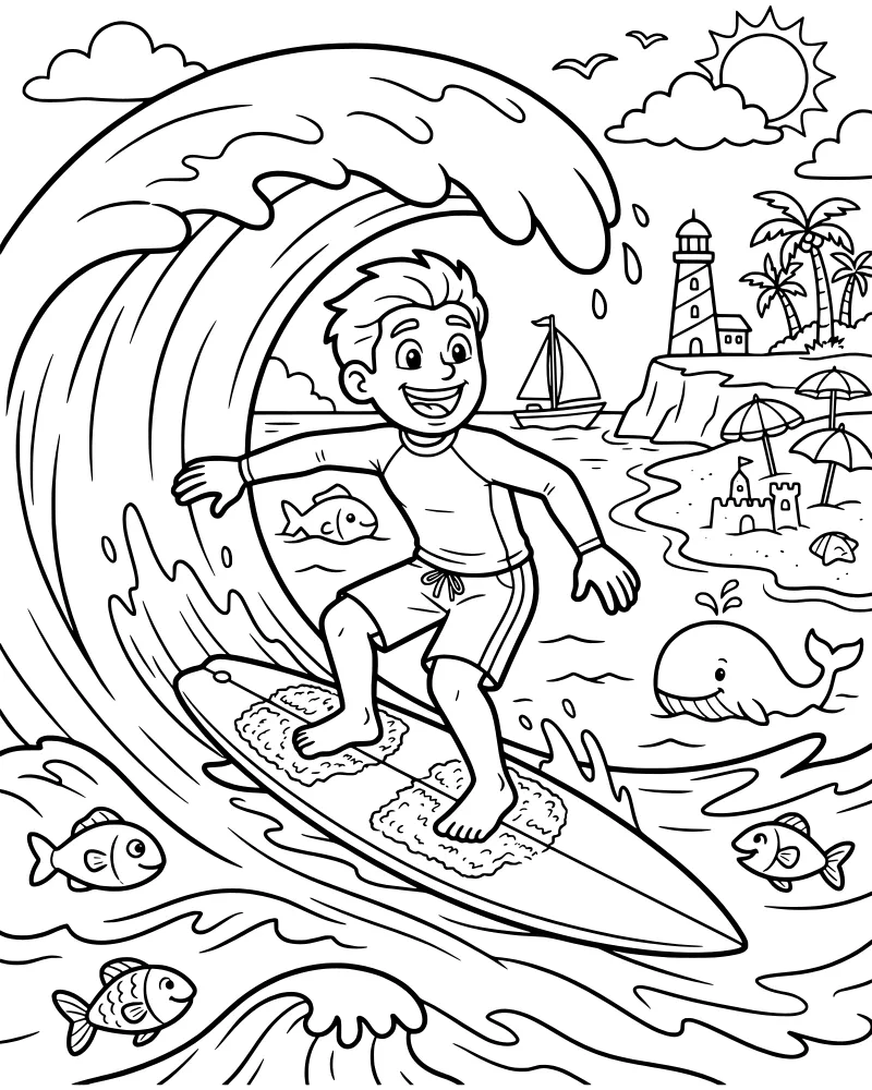 A cartoon boy surfing on a large wave with a lighthouse, sailboat, whale, and sandcastle in the background.