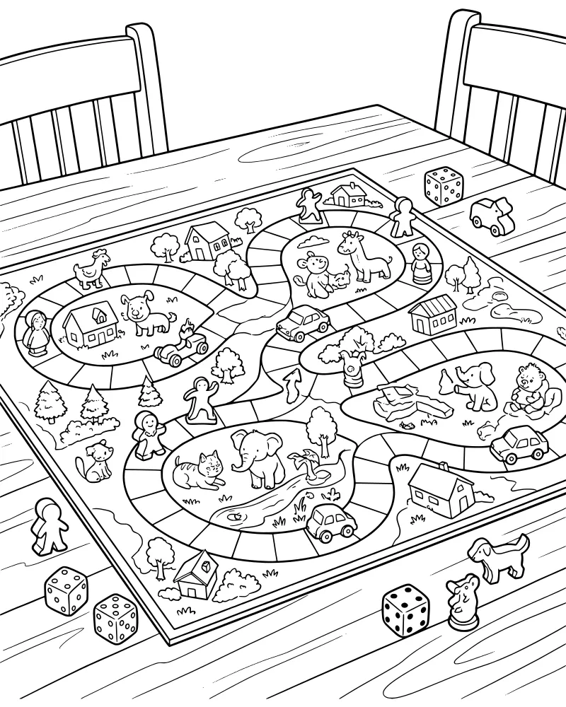A cartoon board game on a wooden table featuring a winding path with animals, houses, trees, a river, and game dice.