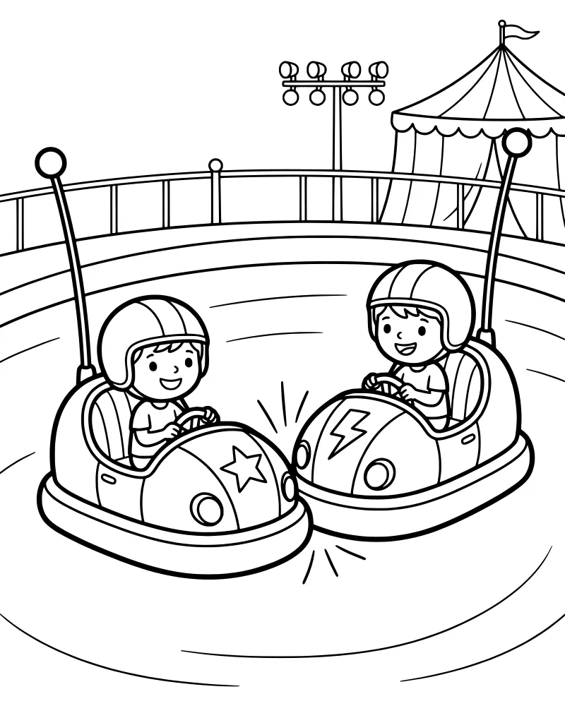 Two children wearing helmets driving bumper cars with star and lightning bolt emblems in front of a circus tent and fairground lights.