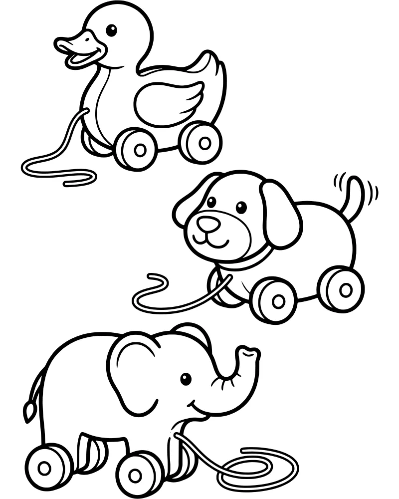 A cartoon illustration of three pull-along toys including a duck, a dog, and an elephant, each with wheels and a string.