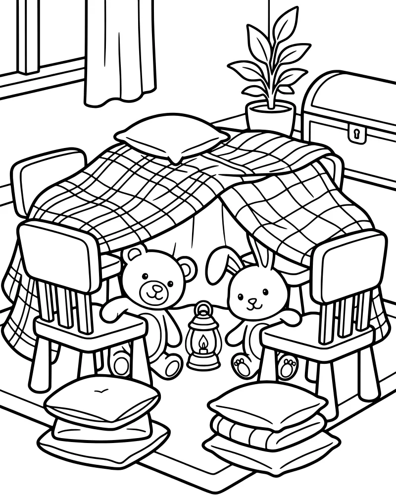 A cartoon illustration of a blanket fort draped over chairs with a teddy bear and bunny rabbit inside, surrounded by pillows and a lantern.