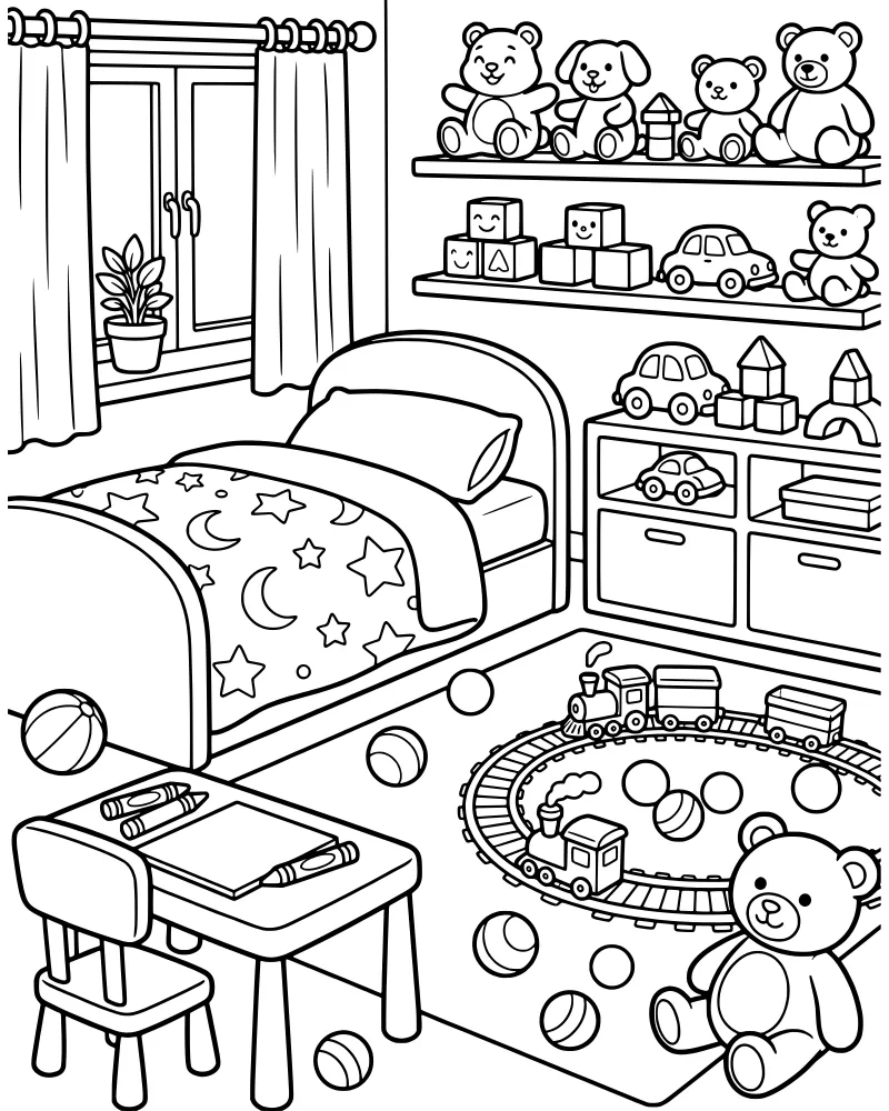 Cartoon illustration of a child's bedroom with a toy train set, stuffed animals, a bed with stars, and a desk with art supplies.