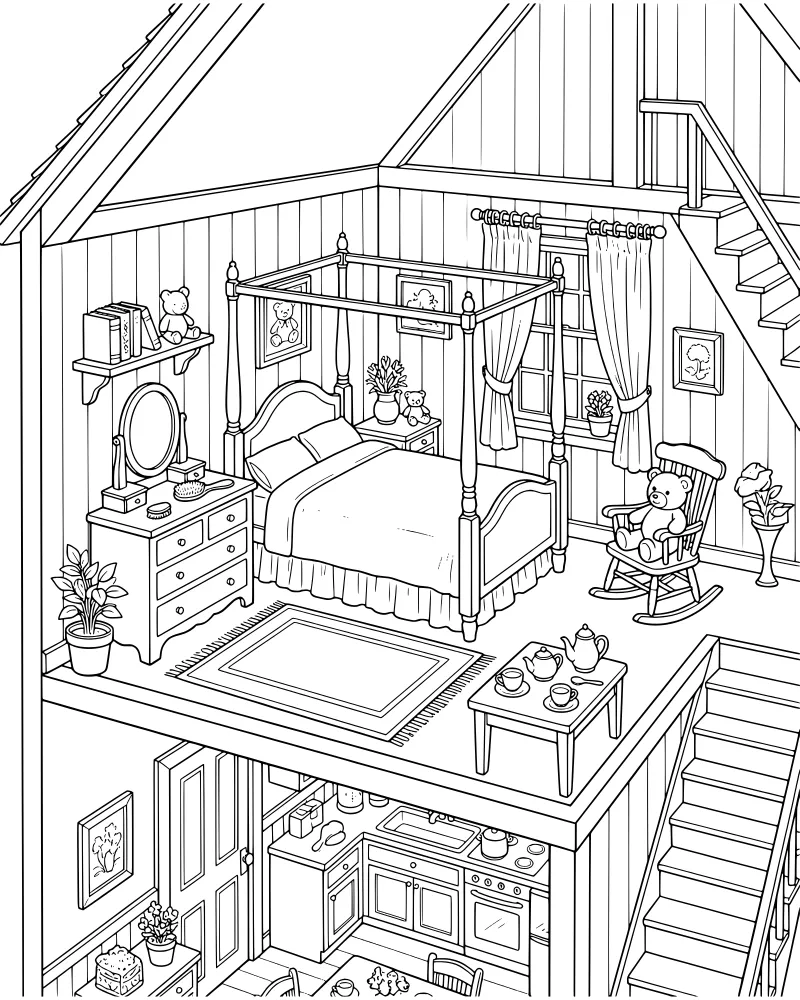 A cartoon cross-section drawing of a two-story house featuring an upstairs bedroom with a four-poster bed and a downstairs kitchen with a dining table.