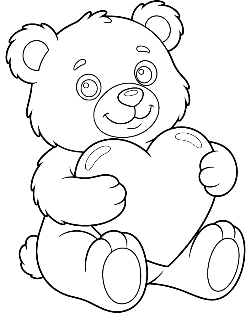 A cartoon teddy bear sitting down and hugging a large heart with a happy expression.