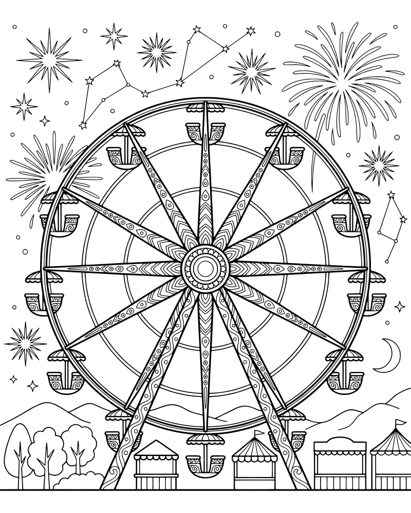 A cartoon illustration of a large Ferris wheel at a carnival with fireworks, a crescent moon, and constellations in the sky.