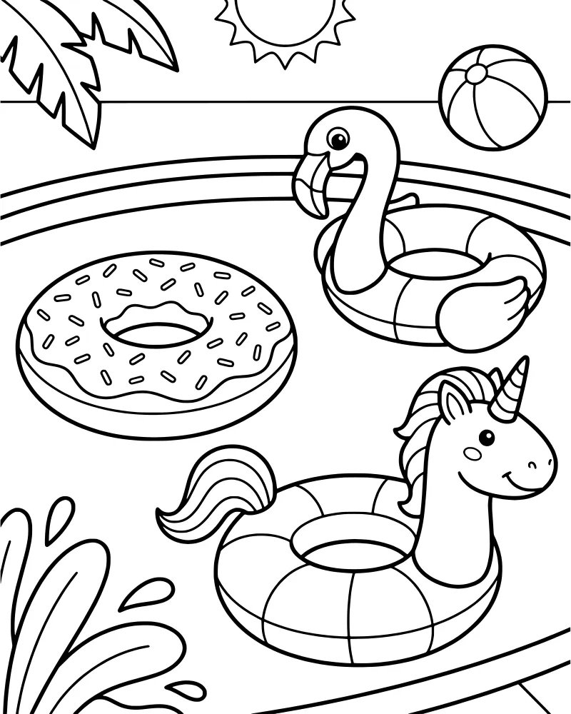 Cartoon flamingo, unicorn, and donut inflatable floats in the water with a sun and palm leaves.