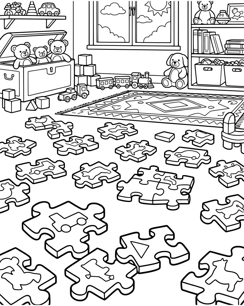 Cartoon playroom with a toy chest, teddy bears, a toy train on a rug, and puzzle pieces on the floor.