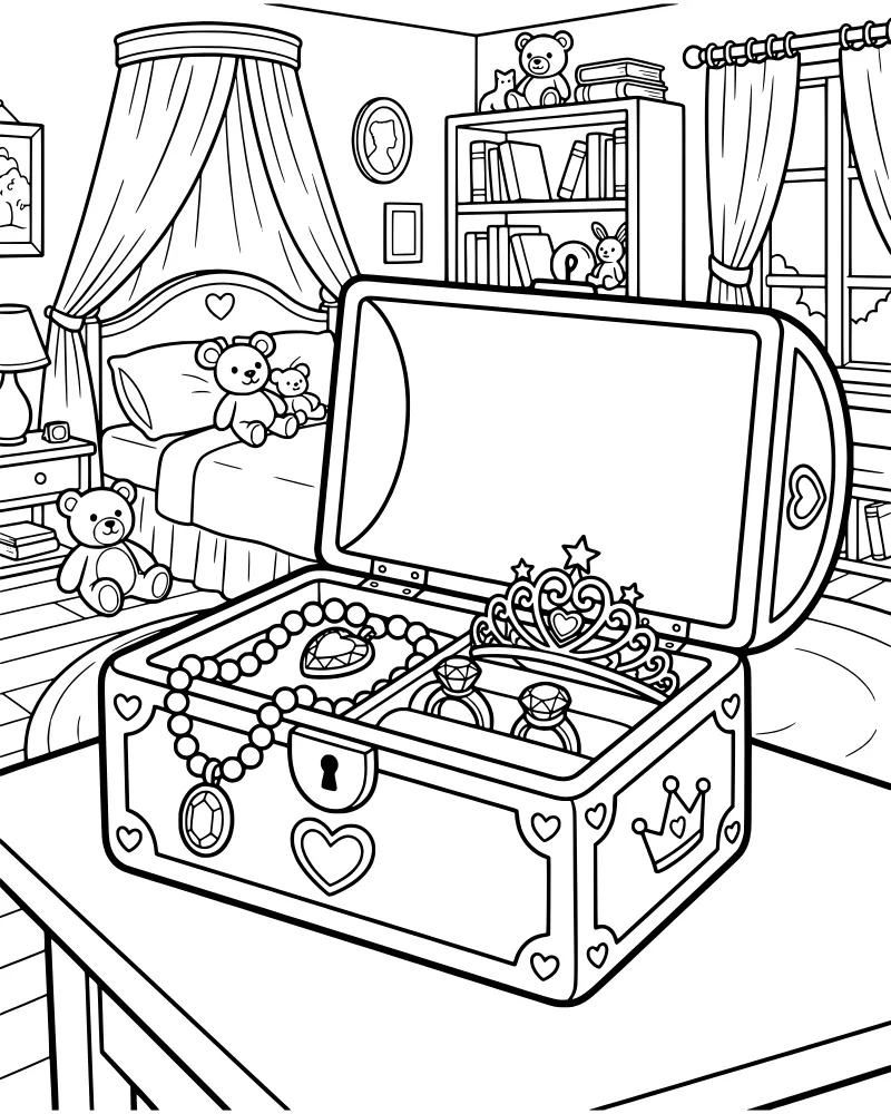 A cartoon bedroom scene with a jewelry box full of treasure, a canopy bed with teddy bears, and a bookshelf.