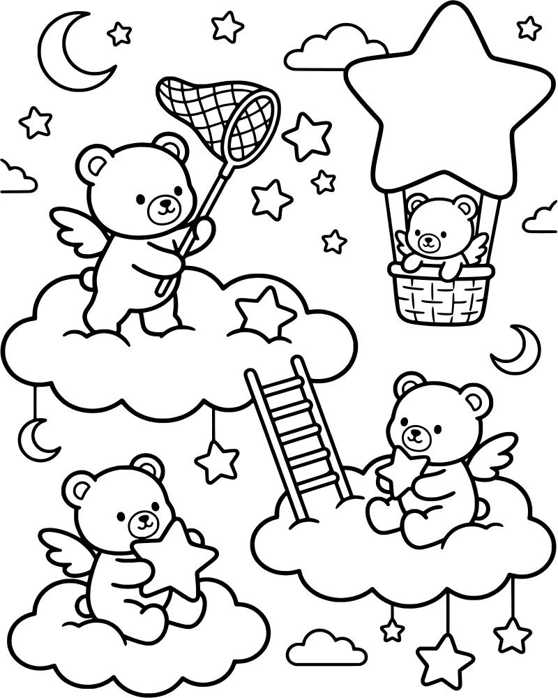 A whimsical cartoon scene of teddy bears with wings and a hot air balloon floating among clouds and stars in a night sky.