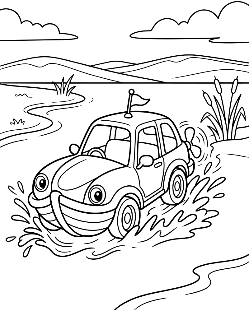 A cartoon amphibious car with a propeller and flag splashing through a river with hills and clouds in the background.