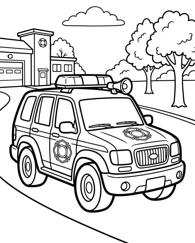 A cartoon fire truck parked on a road in front of a fire station with trees and clouds in the background.