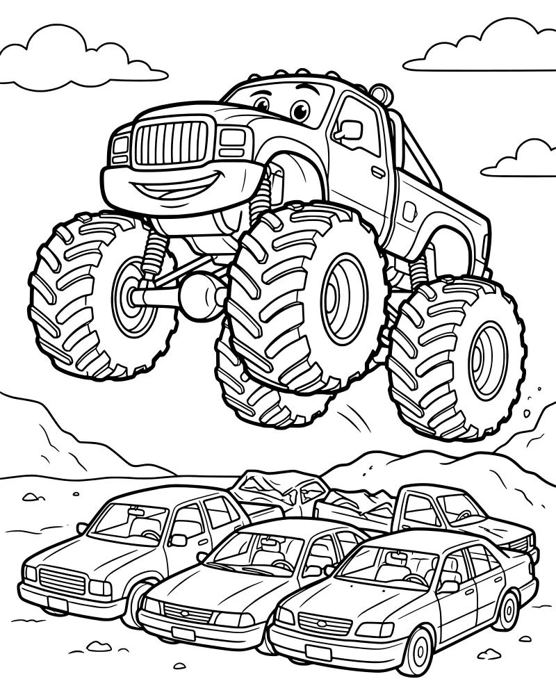 A cartoon monster truck with a smiling face jumping over crushed cars and a pickup truck in a mountain landscape.