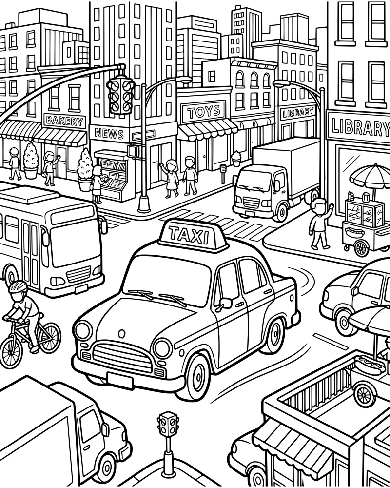 Cartoon illustration of a busy city intersection with a taxi, bus, delivery truck, and pedestrians walking past a bakery and toy store.
