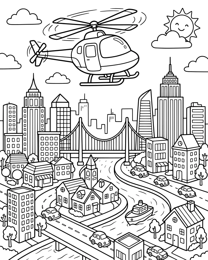 Cartoon cityscape with a helicopter in the sky, a bridge over a river with a boat, and cars driving past tall buildings and trees.