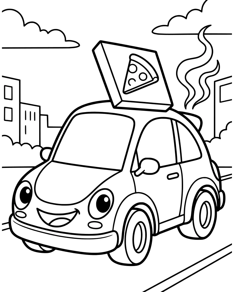 Cartoon car with a smiling face driving on a city road with a pizza box on its roof and buildings in the background.