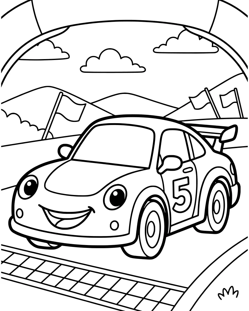 A cartoon racing car with the number 5 on the side driving on a track with mountains and an archway in the background