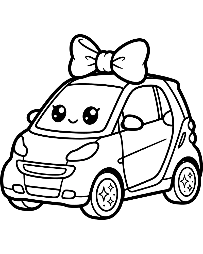 A front-facing cartoon car with a large ribbon bow on its roof, a smiling face, and sparkly wheels.