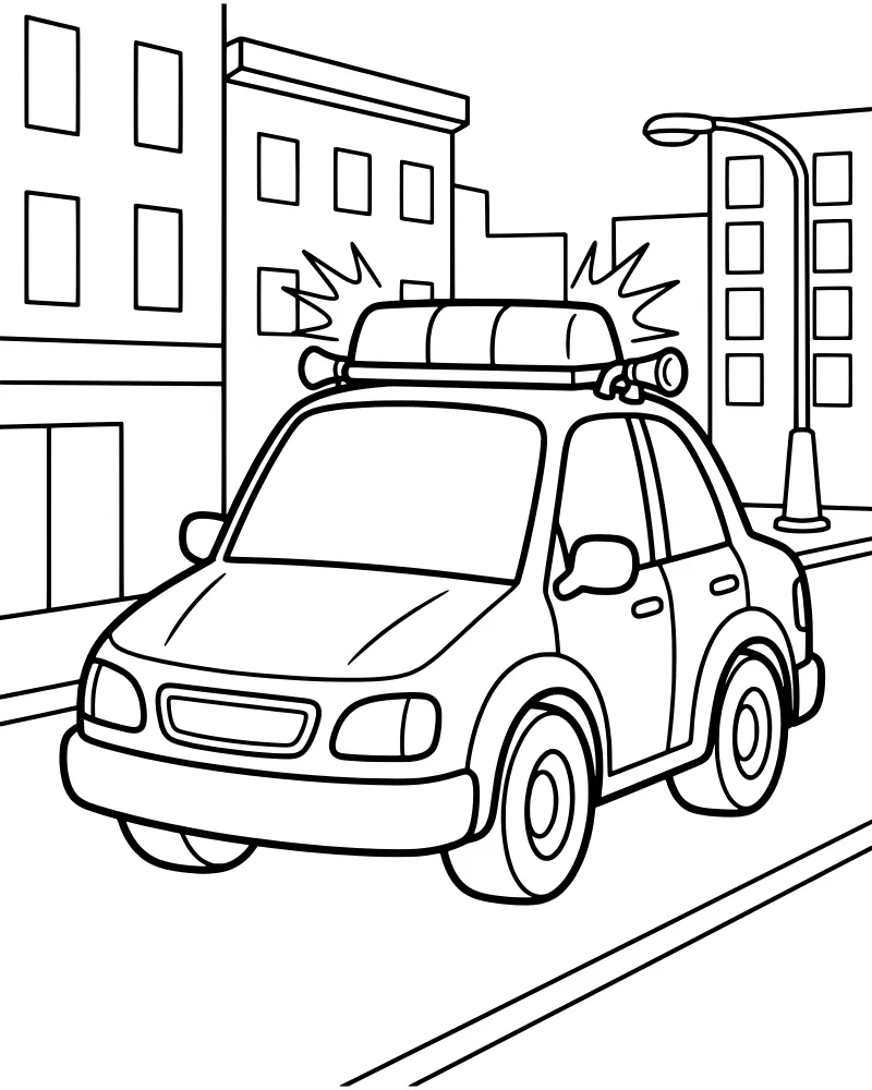 A cartoon police car with flashing lights driving on a city road past buildings and a street lamp.