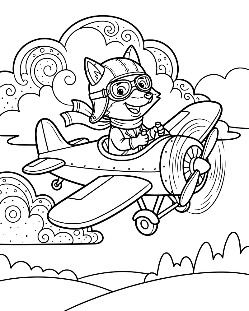 A cartoon fox pilot wearing goggles and a scarf sits in the cockpit of a propeller airplane flying through a sky with clouds and hills below.