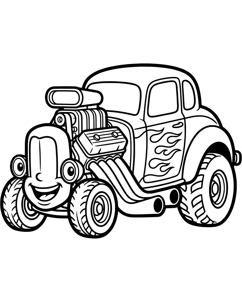 A cartoon hot rod car with a smiling face, large exposed engine, and flame decals on the side.