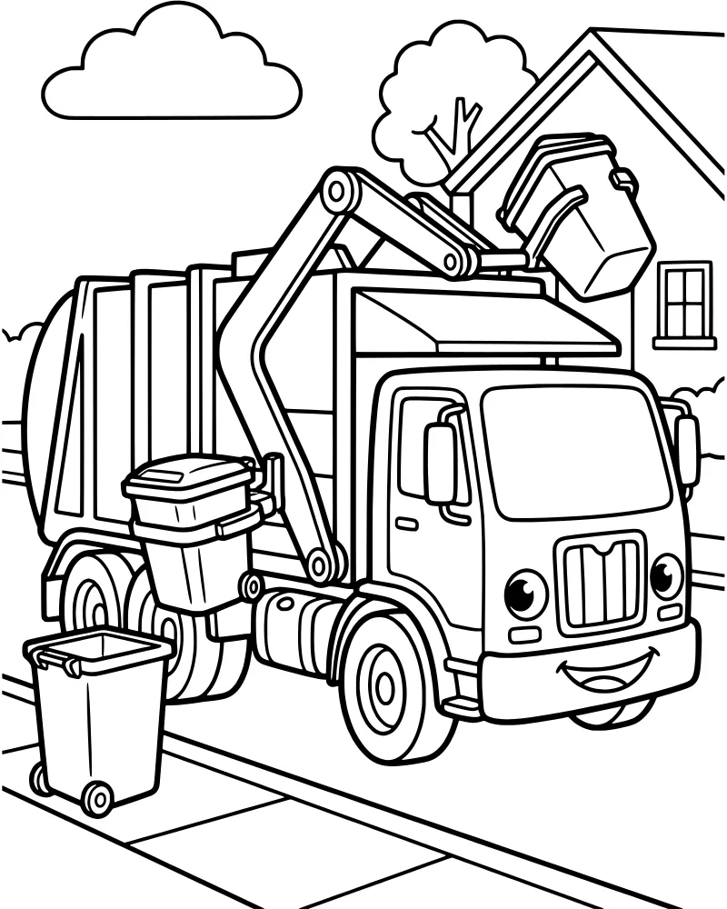 A cartoon garbage truck with a smiling face using its mechanical arm to lift a trash can in front of a house and tree.