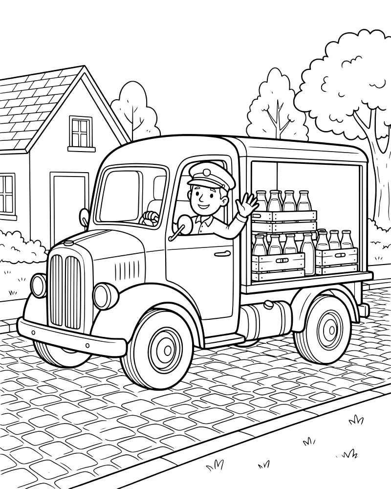 A cartoon milkman driving a delivery truck with crates of milk bottles on a cobblestone street near a house and trees.