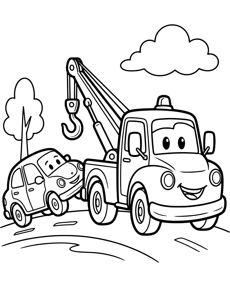 A cartoon tow truck with a crane arm and hook towing a smiling small car on a road with a tree and clouds.