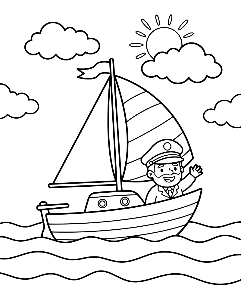 A cartoon captain steering a sailboat with a large sail and flag on a sunny day with clouds and waves.