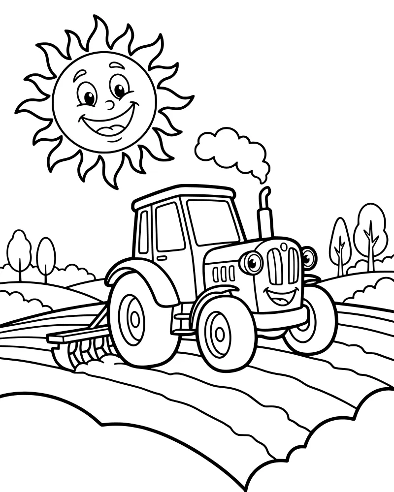 A cartoon tractor with a plow working in a field under a smiling sun with hills and trees in the background.