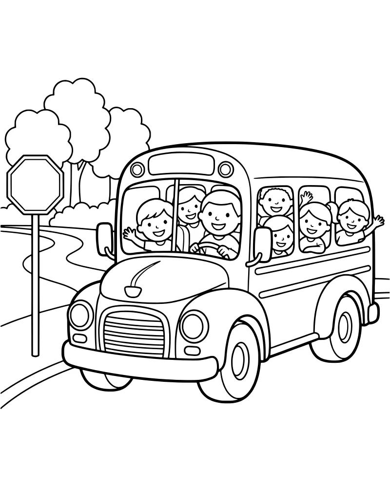 A cartoon school bus filled with smiling children and a driver on a road with trees and a stop sign.